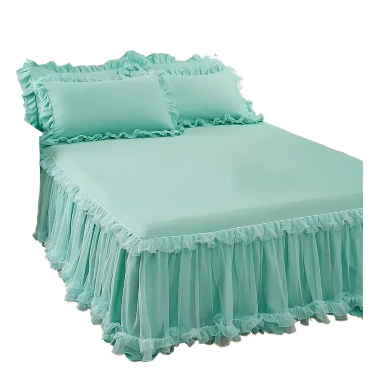 Elegant Princess Bed Skirt Non-slip Mattress Cover Ruffled Lace Bed Skirt Bedsheet Protector Bedspread No Pillowcase(Green,1pc Skirt 180x220cm)