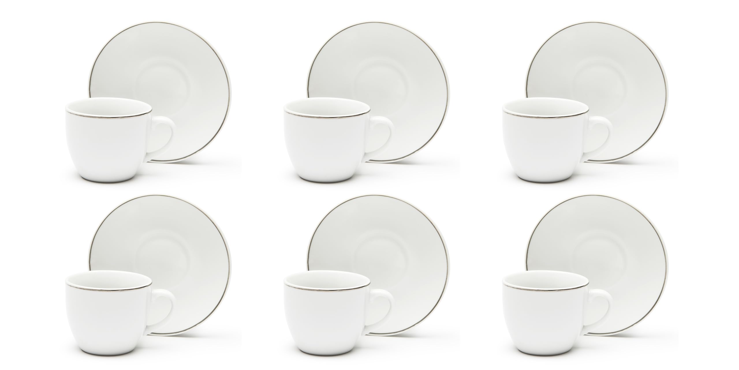 Excelsa Platinum - Juego de 6 tazas de café con platillo, porcelana blanca con borde plateado