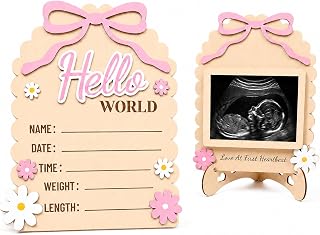 Hello World Wooden Baby Announcement Sign Bow Nursery Photo Prop for Girl | Newborn Sign Newborn Ultrasound Picture Frames Double-Sided for Hospital Baby Name Sign Pregnancy Announcement Gifts