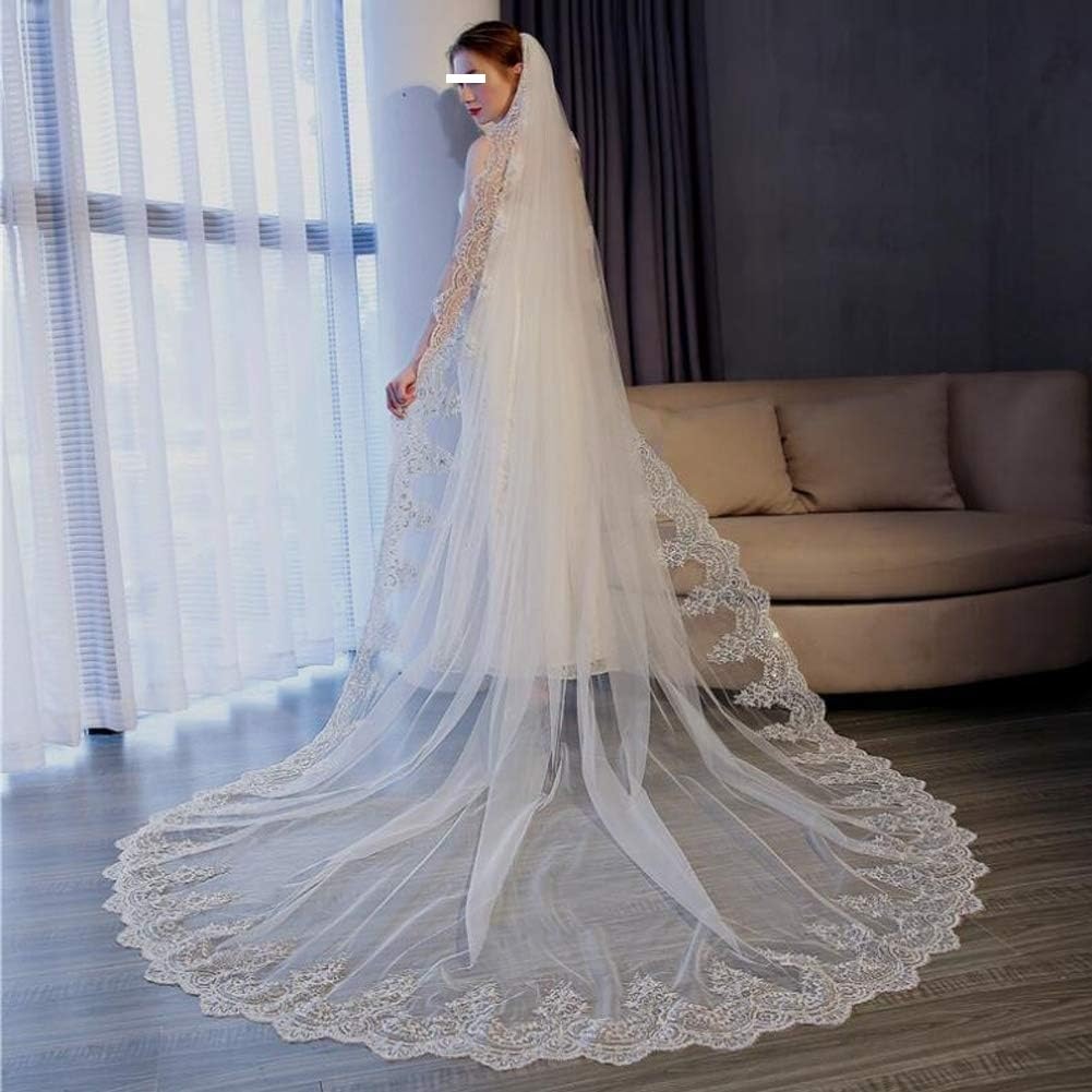 ALturN Hochzeitsschleier, Brautschleier, 3/4/5 Meter, eine Lage, Langer Spitzen-Brautschleier, Hochzeitsschleier, Kathedrale, Brautschleier, Weiß/Elfenbein(White,4 * 3 Meters)