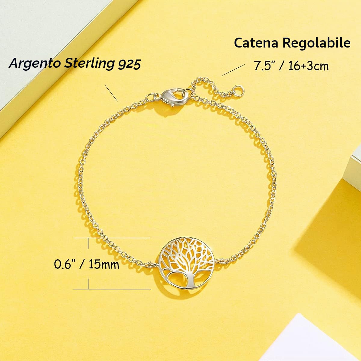 Bracciale con Albero Della Vita in Argento Sterling 925 Massiccio, Placcato Oro Bianco/Giallo, per Donne e Ragazze e Adolescenti, Lunghezza della Catena: 16 + 3 cm