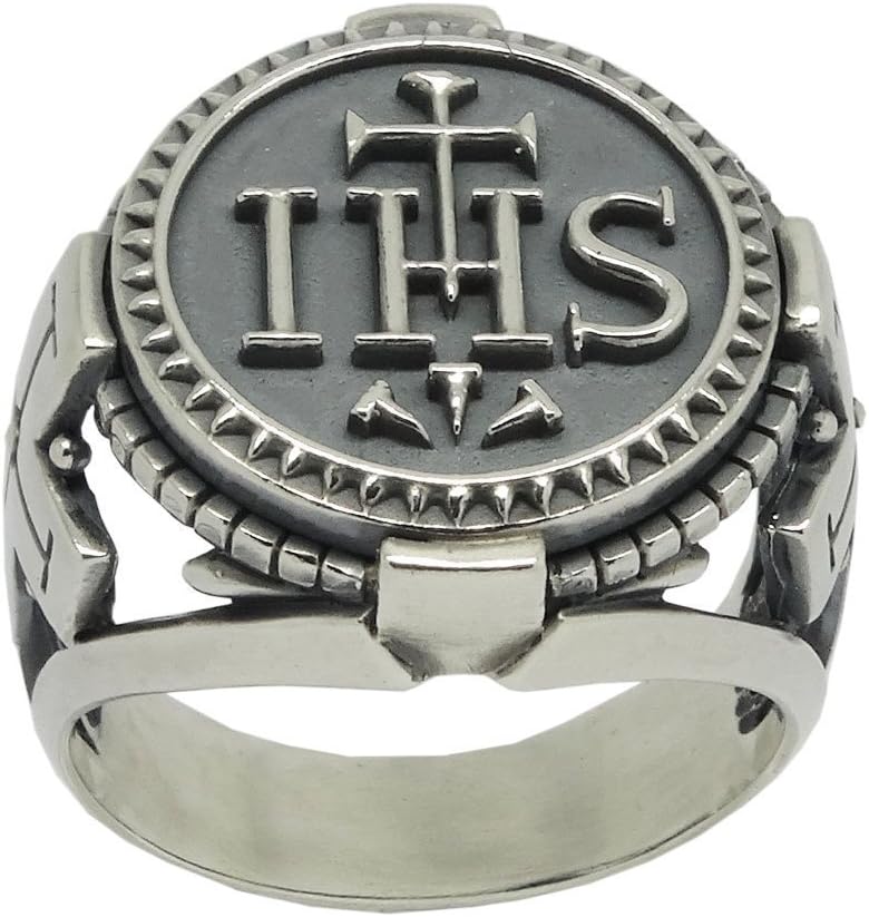 Sterling silver 925 coin mens ring Jesuit IHS the Holy Name of Jesus