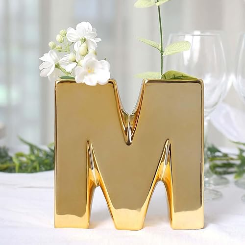 Vista 21 de Efavormart.com Efavormart - Florero de cerámica chapada en oro brillante de 6 pulgadas, con letra A, maceta, centro de mesa