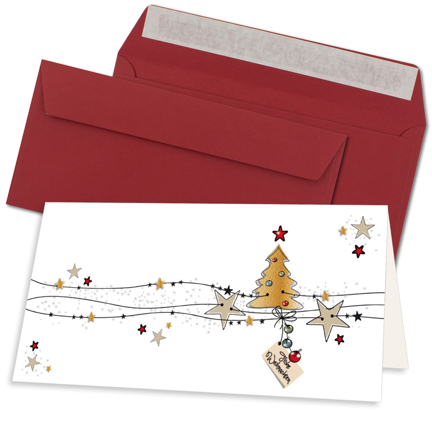 100x Weihnachtskarten-Set DIN Lang in Weiß mit Weihnachtsbaum und Sternen - Faltkarten mit Umschlägen DIN Lang Dunkelrot mit Haftklebung - Weihnachtsgrüße für Firmen und Privat