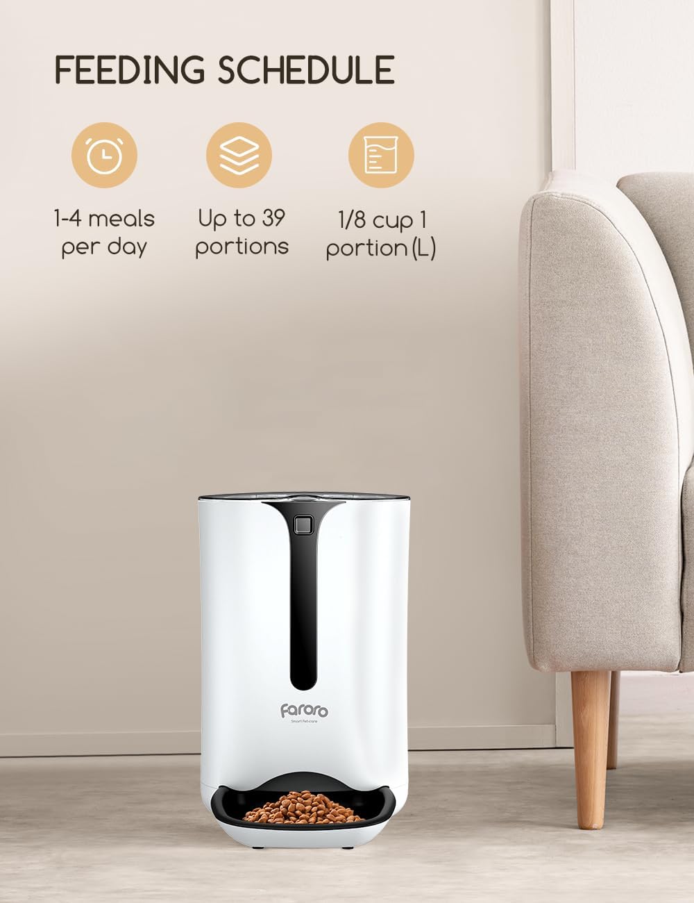 Infographic showing feeding schedule options for the Faroro pet feeder: 1-4 meals per day, up to 39 portions, 1/8 cup per portion.
