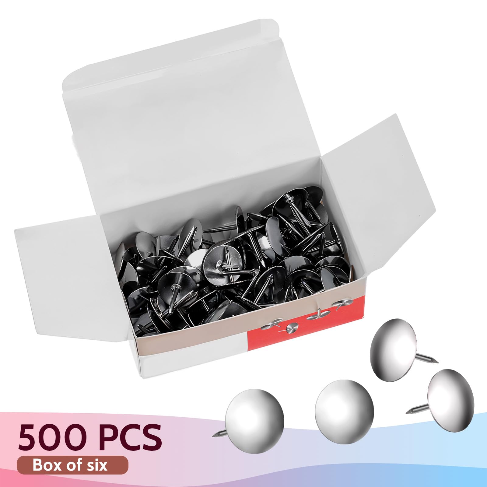 500 Stück Reißnägel Silber Edelstahl Rostfrei 3/8 Zoll Rund Metall für Poster, Büro, Pinnwand, Korktafeln und Wand (Packung mit 6)