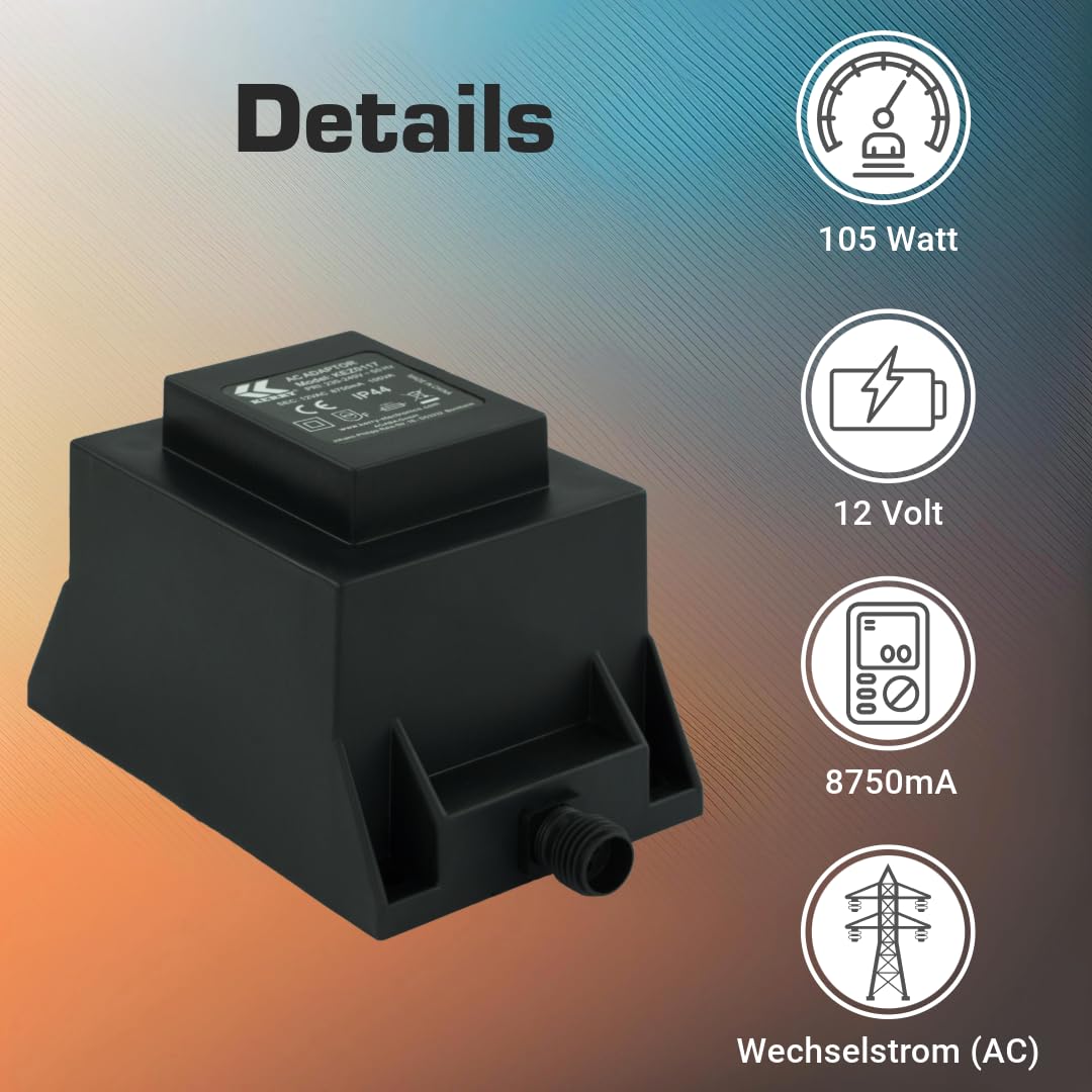 KERRY ELECTRONICS Netzteil 105 Watt IP44, LED-Trafo, Transformator 230V auf 12V, Netzkabel 2-Pin-Stecker, Netzstecker 2 Polig, 12V Adapter, Netzteil-Adapter, Netzgerät, Netzadapter