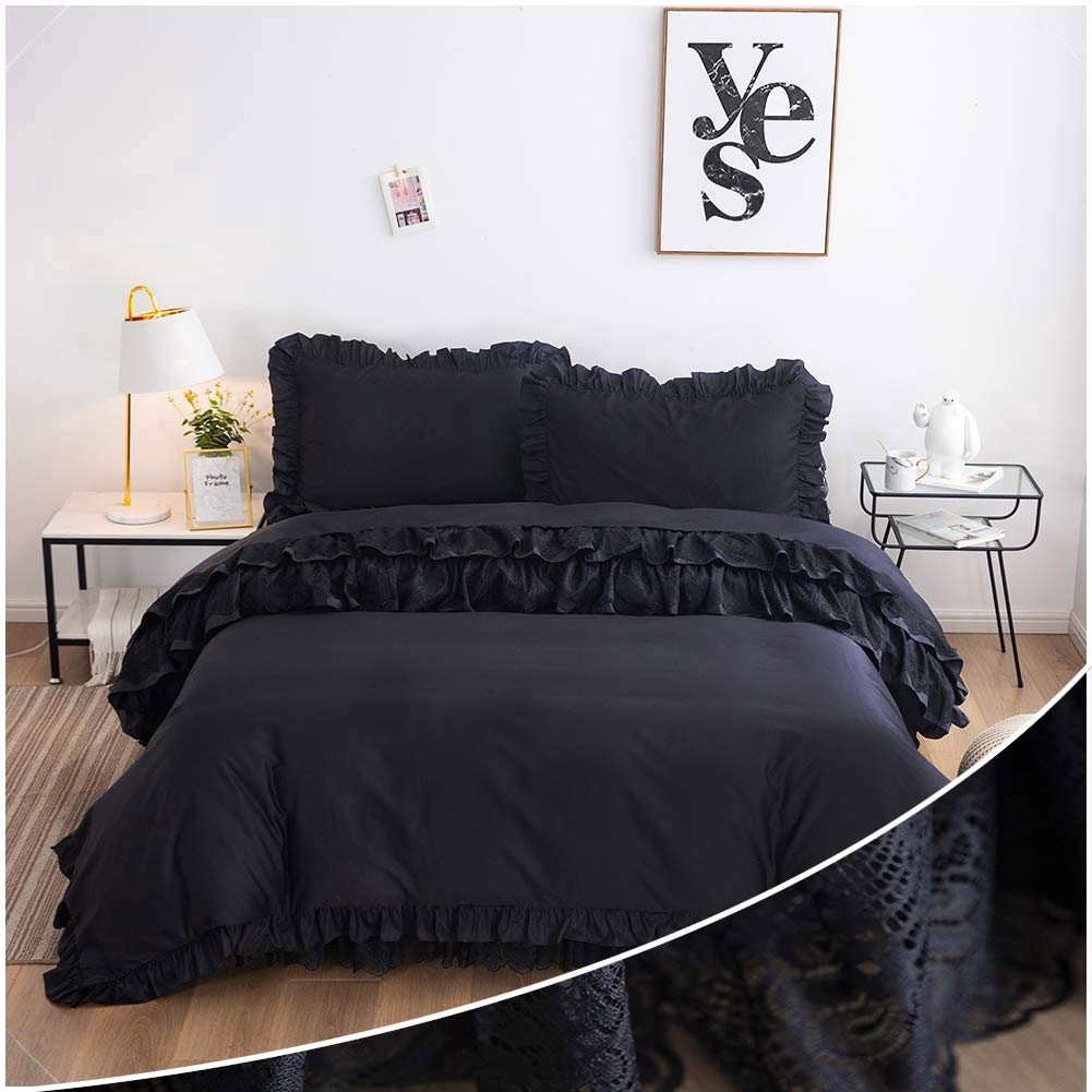 Amazon｜FADFAY ブラックフリル寝具セット キングサイズ 4ピース