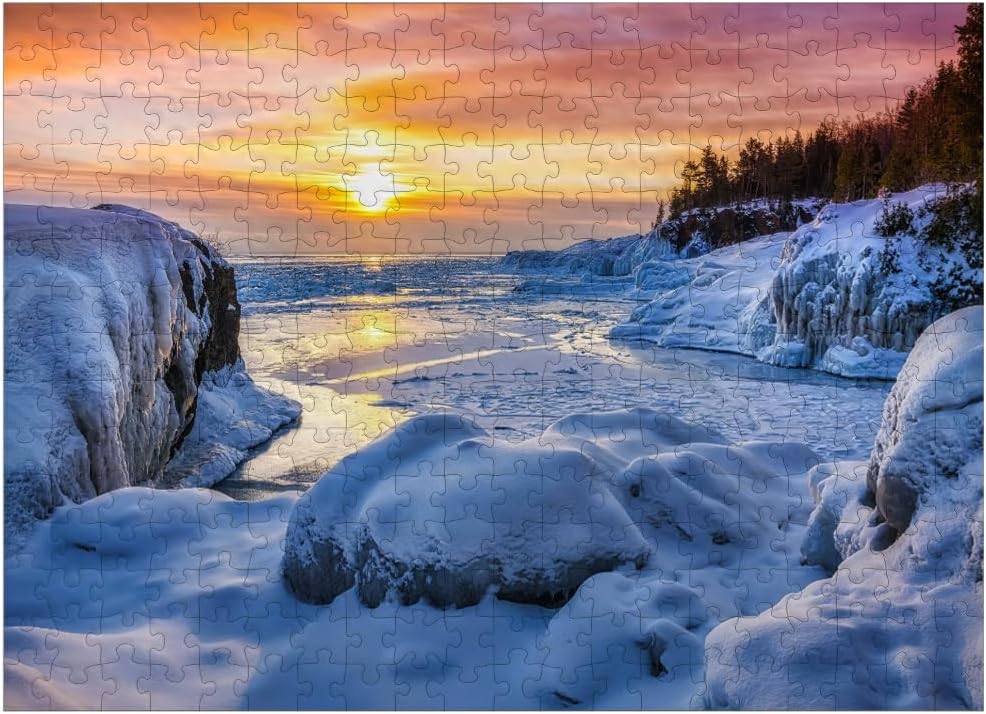MyPuzzle Frozen Lake Superior Sunrise At Presque Isle Park, Winter in Marquette, Michigan - Premium 1000 Piece Jigsaw Puzzle for Adults
