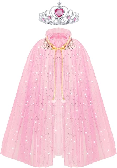 ACWOO Princess Cape for Girls, Colorful Princess Cloak with Crown, Princess Elsa Fancy Dress Up Sparkling Sequins Tulle Princess Cape Set for Halloween Birthday Party Cosplay (Pink, M)