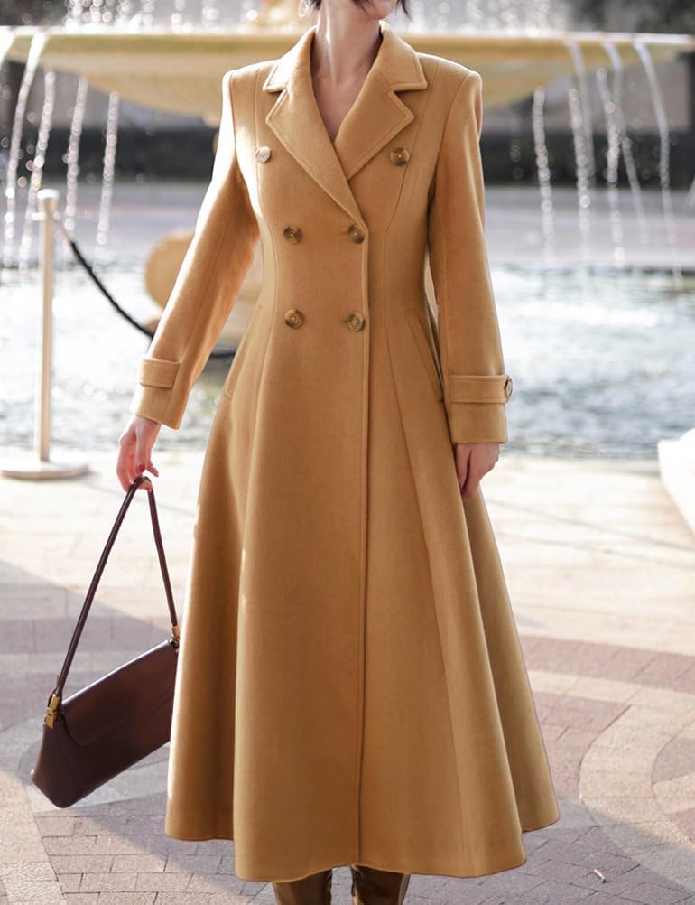 Kinghua Long Wool Coats for Women Fall Winter V Neck PeaCoat Double Breasted Dressy Blazer Jackets Trench Coat with Pockets - Image 5