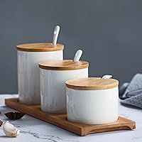 Vista 7 de Juego de 3 tarros de cerámica para condimentos en diferentes tamaños con cucharas y tapas de bambú y bandeja (blanco)