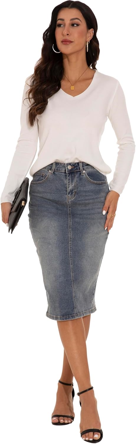 GUANYY Womens Denim Skirt-High Waisted Knee Length Slim Fit Pencil Stretch Jean Skirt - Image 5