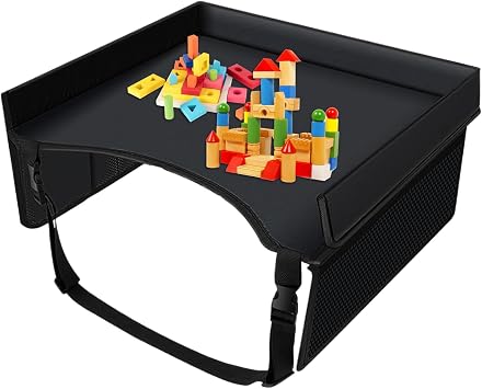 Car Seat Travel Tray - Foldable Car Seat Tray for Kids Travel,Carseat Table with Pockets Adjustable Straps Foldable Lap Desk Organizer for Children Boys Girls
