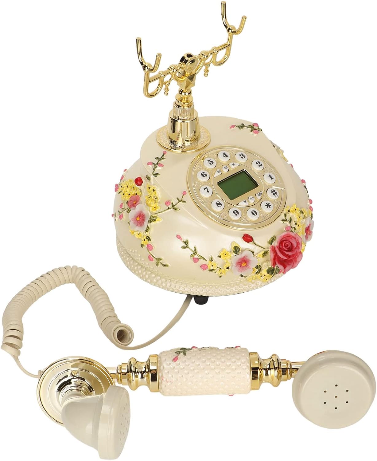 Hilitand Retro Vintage Telephone, Rotary Dial Antique Home Phone Flowers Old Fashioned Corded Phone with FSK DTMF Redial Number Storage Function Corded Landline for Home Office Decorative