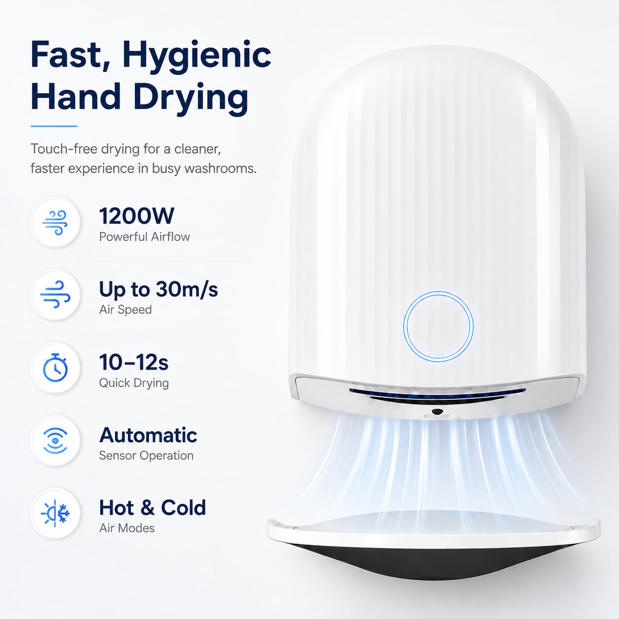 Automatyczna suszarka do rąk 1200 W, 30 m/s montowana na ścianie gorące i