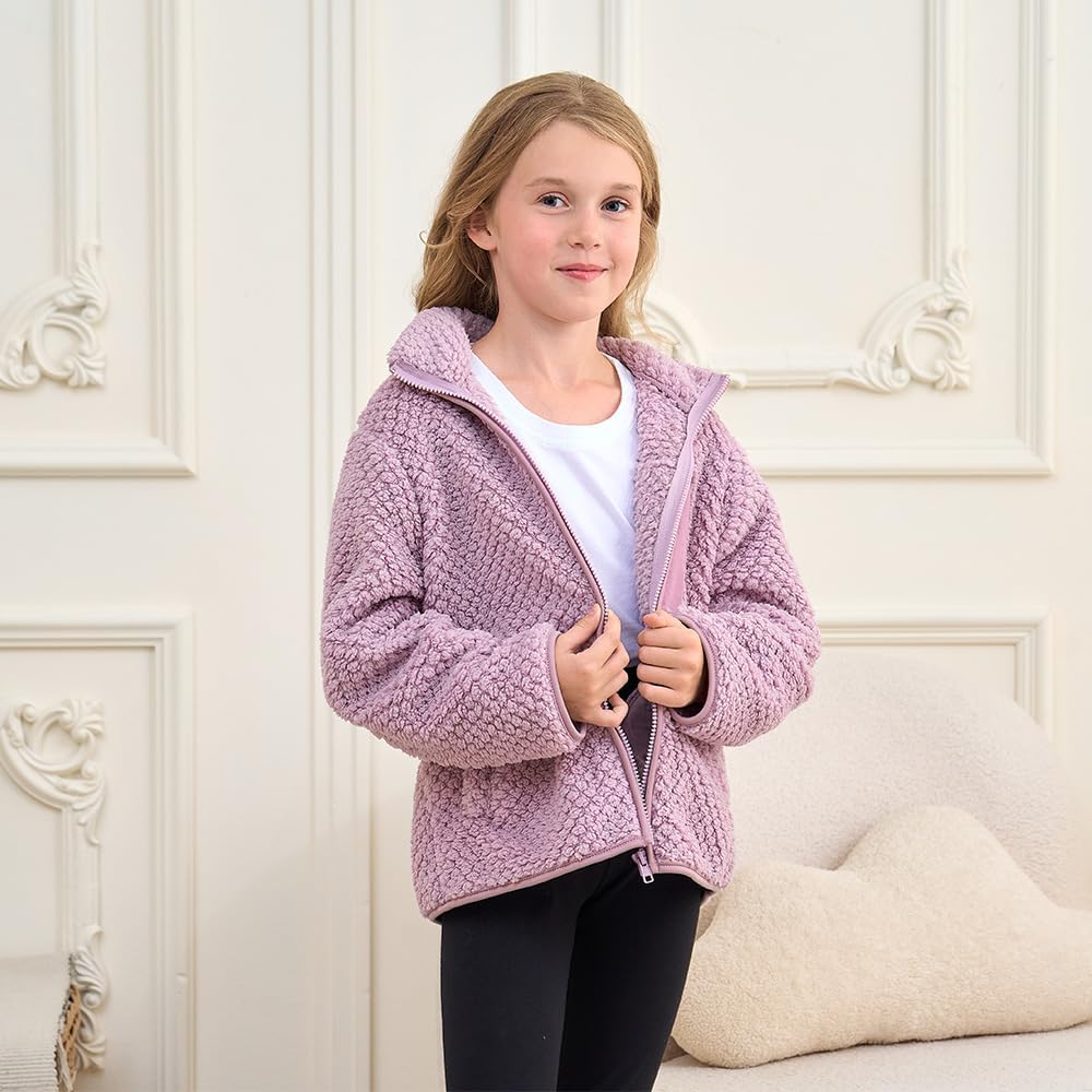 Girls Fleece Jackets Fuzzy Sherpa Coats Soft Light Kids Outerwear Full Zip up Sweatshirt with Pockets 5-14 Year - Image 8