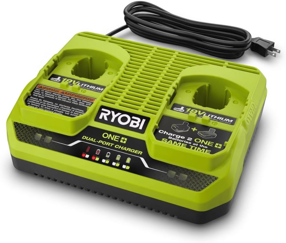 RYOBI ONE+ 18V Dual-Port Simultaneous Charger - Charges 2 Batteries at Once, 2X Faster Charging, LED Indicators - PCG005