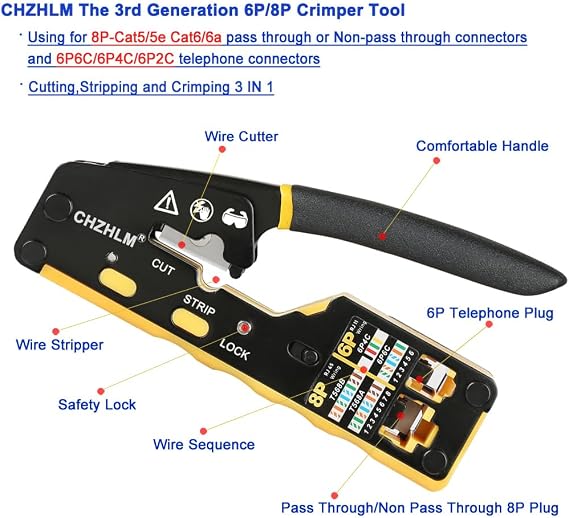 RJ45 Crimp Tool Kit Pass Through Crimper RJ45 Crimping Tool Stripper Cutter Crimper All-in-One for 8P RJ45 Cat5 Cat5e Cat6 6P RJ11/12 Telephone Connectors Network Enthernet Crimper kit