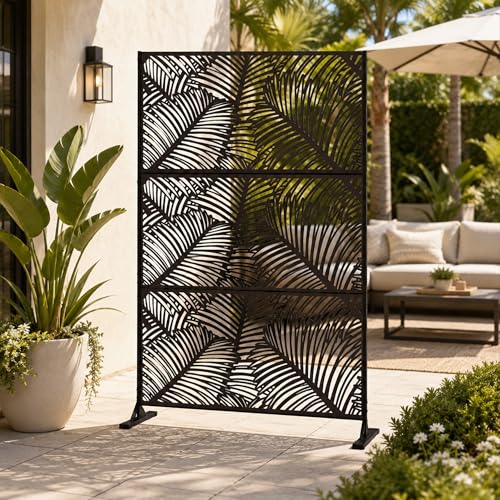 Kozyard Metal Privacy Screen with Stand (Black/Palm Leaf)