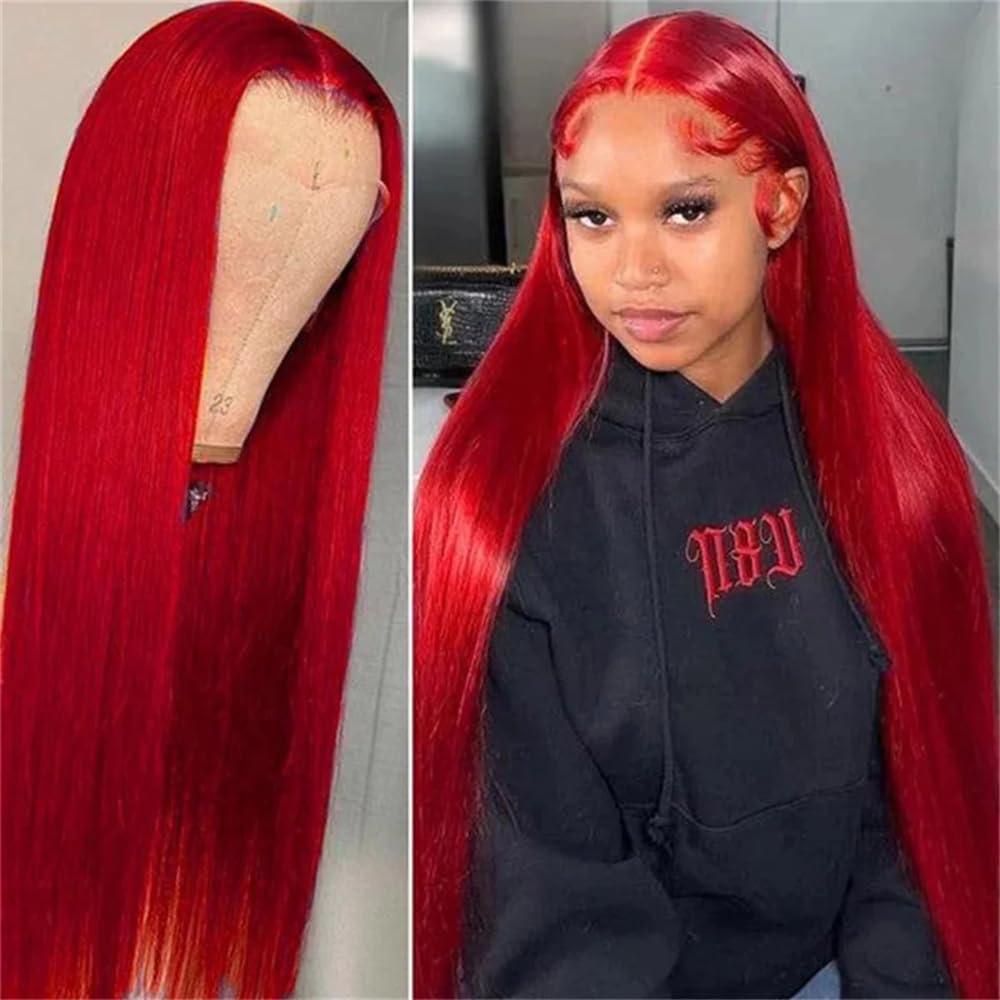 ORIGEN Red Lace Front Wigs with Baby Hair for Black Women Human Hair Pre Plucked Straight Colored 13x4 Lace Frontal Glueless Wig 24 Inch 180% Density