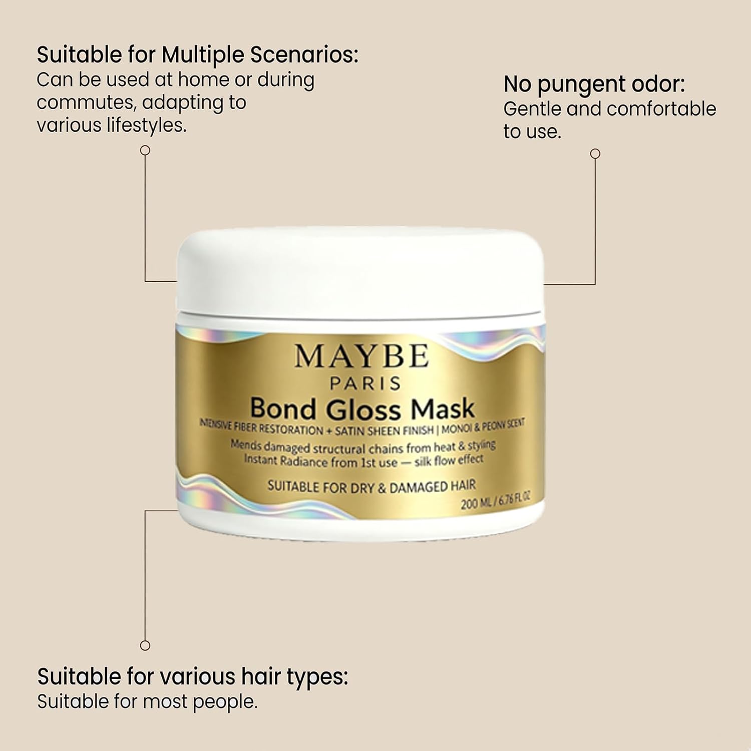 Maybe Paris Bond Gloss Mask, Naturels Deep Repair Hair Mask, Bond Gloss Mask Maybe Paris, Hydrating & Gloss Deep Hydration For Dry, Dull, Damaged, Brittle Hair (1pc)