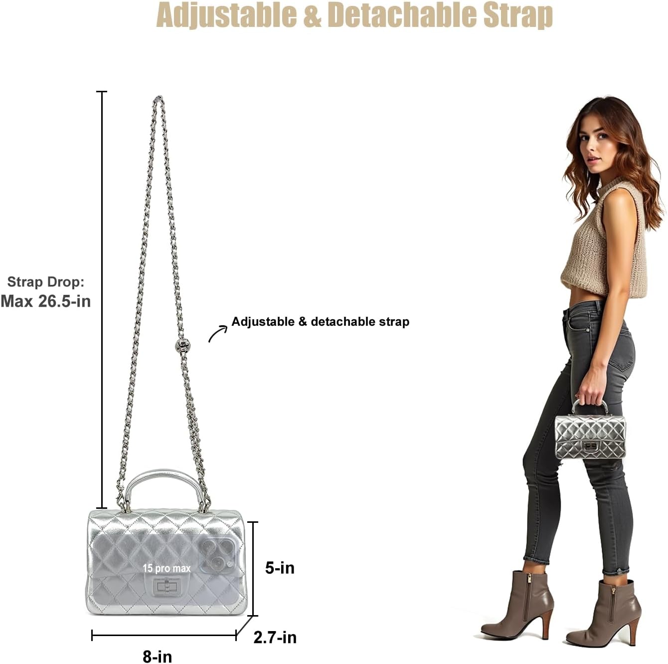 Small Quilted Crossbody Bag for Women, Genuine Leather Mini Shoulder Flap Purse with Gold Chain Strap & Top Handle - Image 6