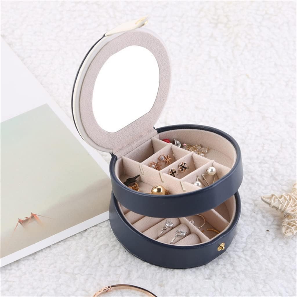 Multifunctional Exquisite Round Portable PU Leather Jewelry Box 2Layers Small Earring Leather Jewelry Packaging Box(Black)