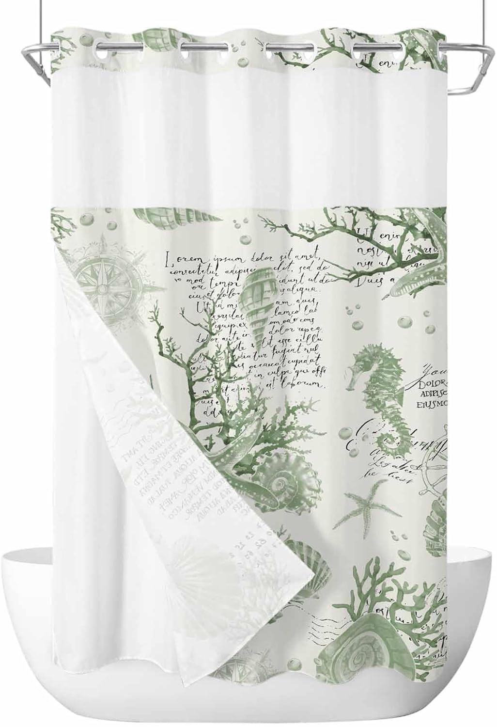 No Hook Shower Curtain, Sage Green Coastal Stall Bathroom Curtains with Snap in Liner, Coral Starfish Nautical Compass Waterproof Washable Fabric Shower Curtain Set, 54" x 78"