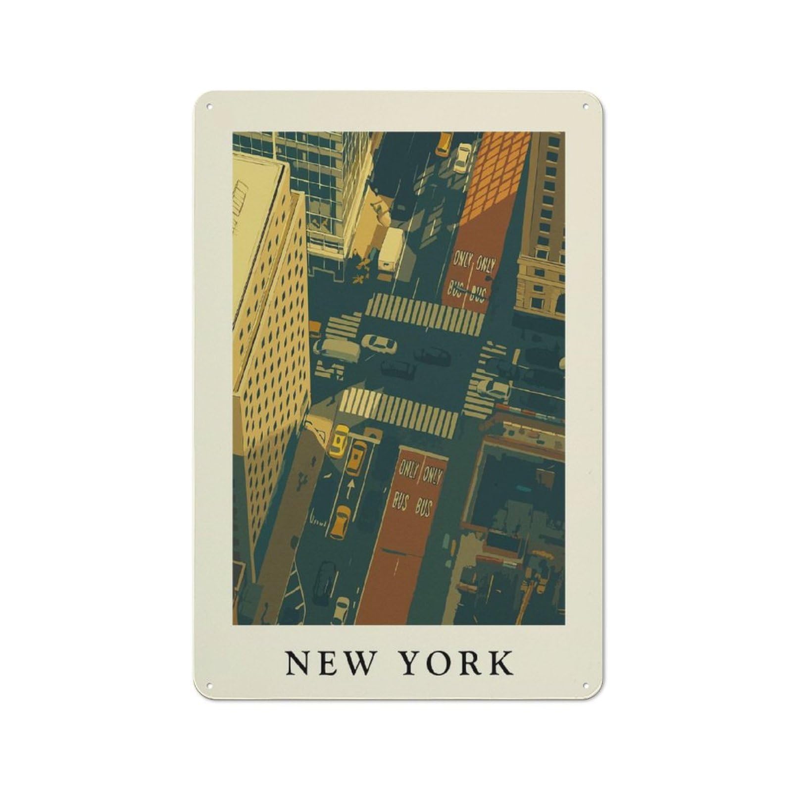 Metal Wall Plaque with New York Cityscape Aerial View Design 30x20cm, Simple Retro Studio Wall Plaque for Hobby Room, Office, Lounge Or Living Room