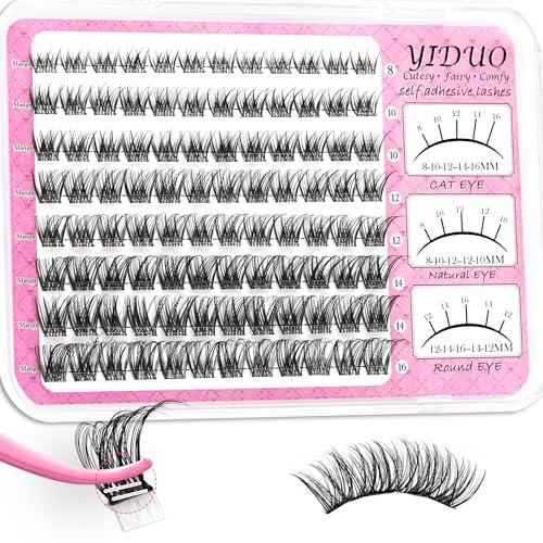 YIDUO Self Adhesive Eyelashes Clusters Natural Pre Glued Lash Extensions 96PCS D-curly 8-16mm Wispy Individual Lashes Extensions DIY Clusters Lashes Extension at Home