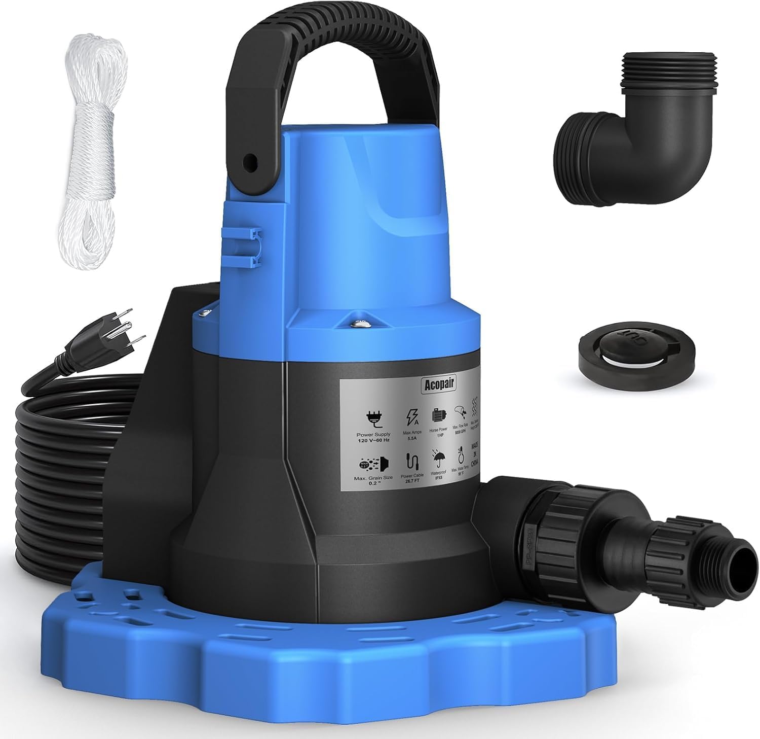 1 HP Automatic Swimming Pool Cover Pump, 115 V Submersible with 3/4” Check Valve Adapter &amp; 26ft Power Cord, 5000 GPH Water Removal for Pool, Hot Tubs, Rooftops, Water Beds and more