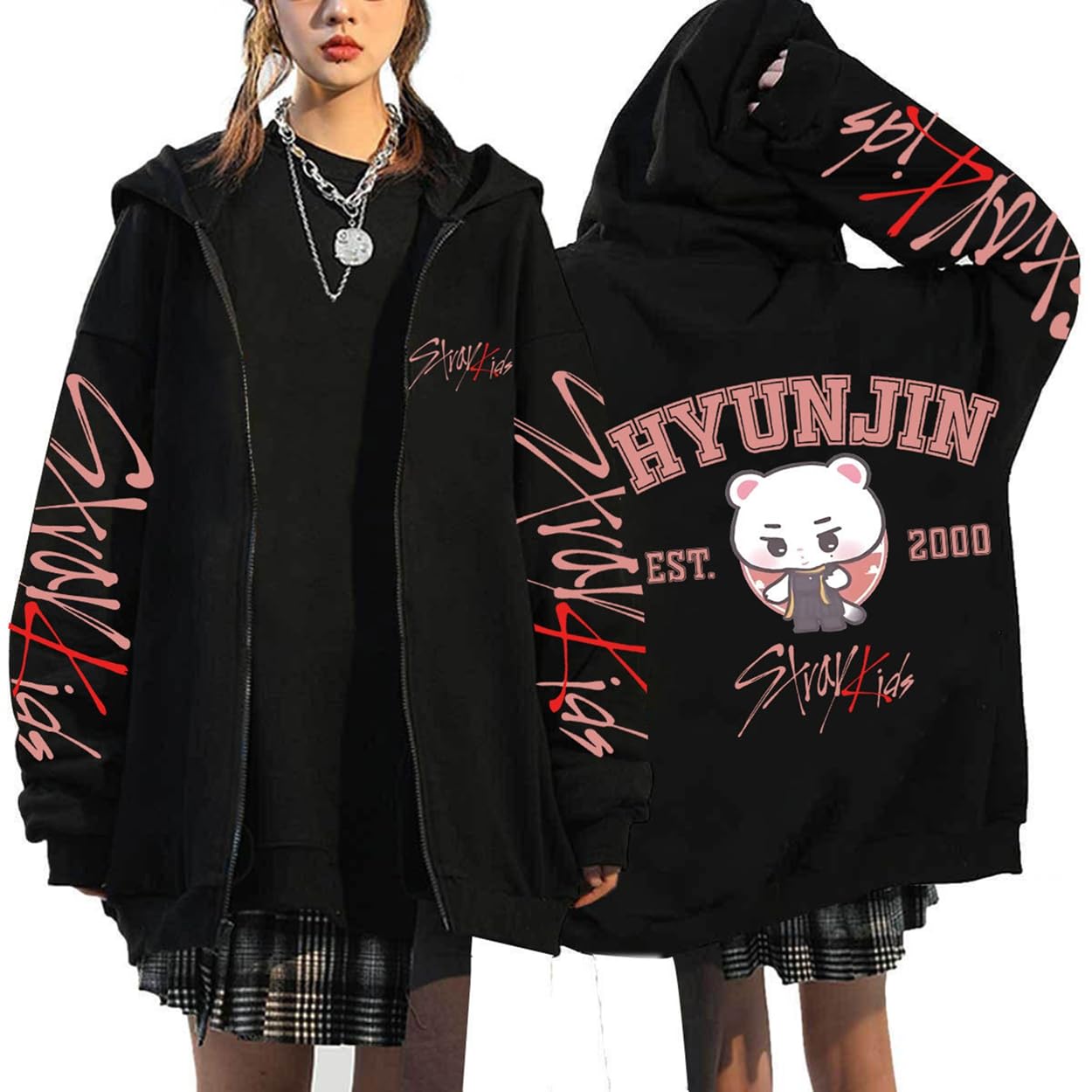 Felpa con Cappuccio – Y2K con Cerniera Dolce BangChan Lee Know Changbin Hyunjin Han Felix Seungmin I.N, Motivi Unisex Harajuku Streetwear