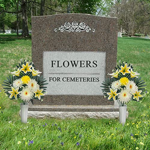 Nubato Artificial Cemetery Flowers For Grave, Set Of 2 Yellow Chrysanthemum Lilies Bouquet Memorial Flowers With Vase, Artificial Silk Grave Flower For Outdoor Cemetery Graveyard Gravestone Decoration #TOP5