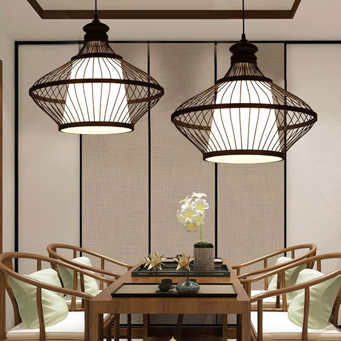 HAIIQU Zwarte Industriële Bamboe Hanglamp Houten Hangende Plafondlampkap Creatieve Kroonluchter Armatuur 1 Licht Geweven Lamp Voor Keukeneiland, Woonkamer, Eetkamer, E27 photo 2