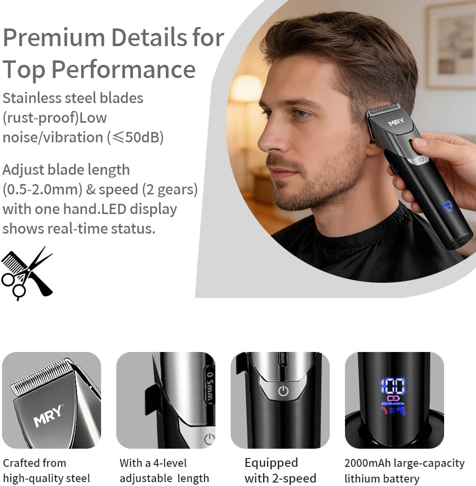 DUN Ceramic Cutter Cordless Hair Clippers for Men & Women, Professional Home-Use Hair Trimmer with LCD Display, Waterproof USB-Rechargeable Barber Clippers & Mens Clippers, (Gray/Black)
