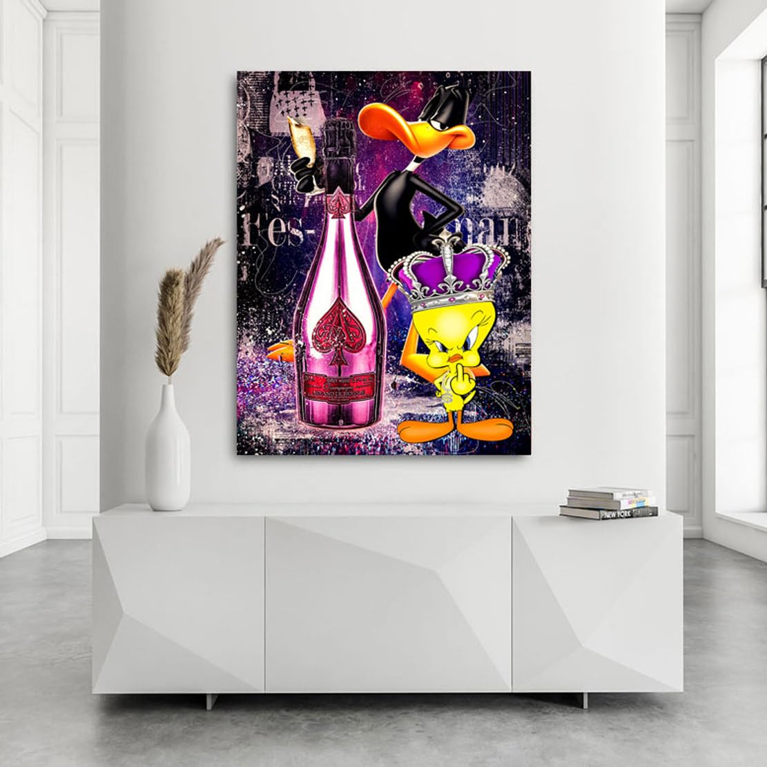 Kunstgestalten24 | Tweety & Duffy Champagner Comic Pop Art Leinwand-Bild | Leinwandbild mit Echtholz-Keilrahmen | Wandbild Gemälde Kunst Art | Hochwertige Kunstdrucke | XXL Bilder auf Leinwand