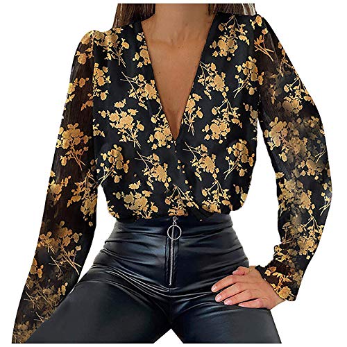 Preisvergleich Produktbild YSpoe Damenhemd mit V-Ausschnitt Lose Pullover Lässige Rüschen BlumendruckTranslucent Langarm Brouser Long Tops(Gelb,XL)