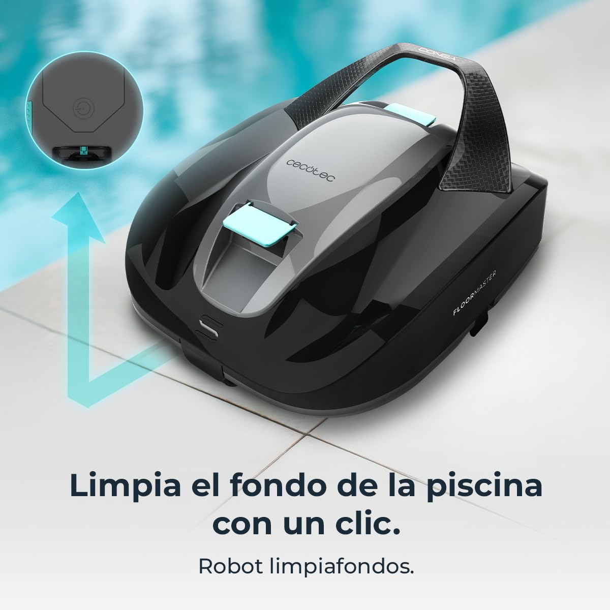 Cecotec Robot Limpiafondos sin Cable para Piscinas sin Pendientes Conga Pooldroid 2000 FloorMaster M. Superficies 80m2, Profundidad Máxima 2,5m, Autonomía 100mins, Filtro Alta Eficiencia 100μm, 2,5L