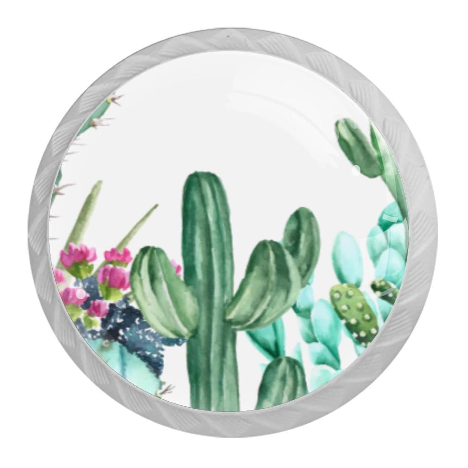Tqmspg 4 Pieces Drawer Pulls Watercolor Green Cactus Door Knobs Dresser Handles for Kitchen Wardrobe Cupboard Hardware Furniture