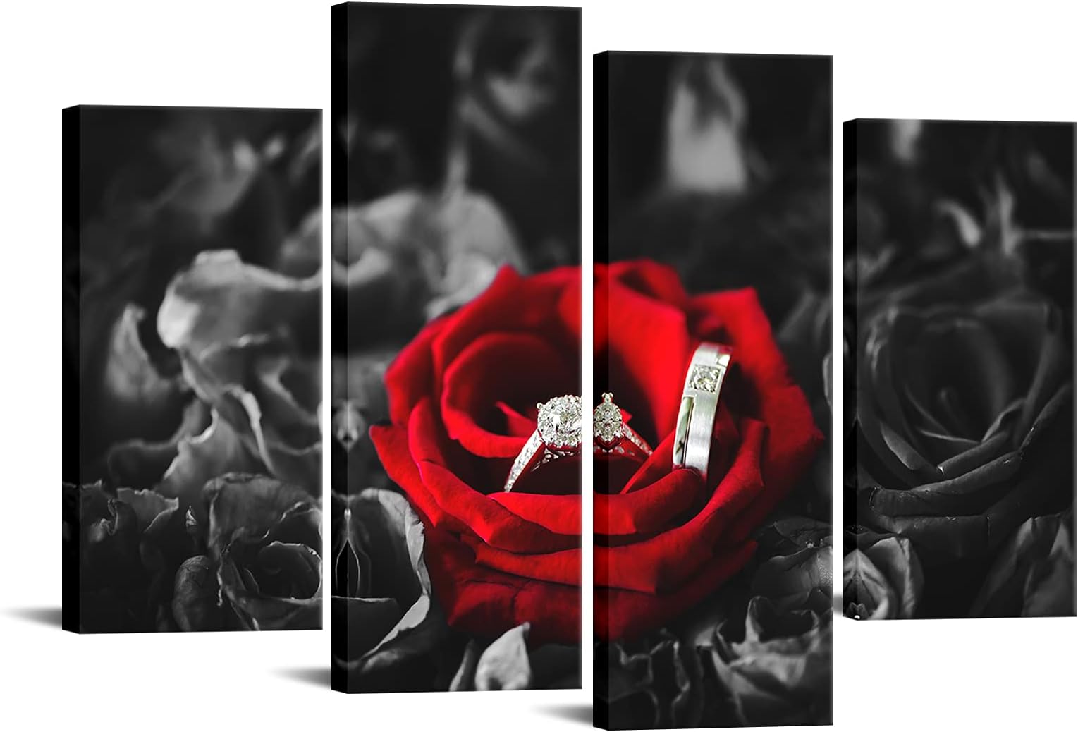 sechars - Black White and Red Wall Art Wedding Rings on Red Roses Poster Canvas Print Stretched Ready to Hang Romantic Picture for Bedroom Wall Valentine's Day gift