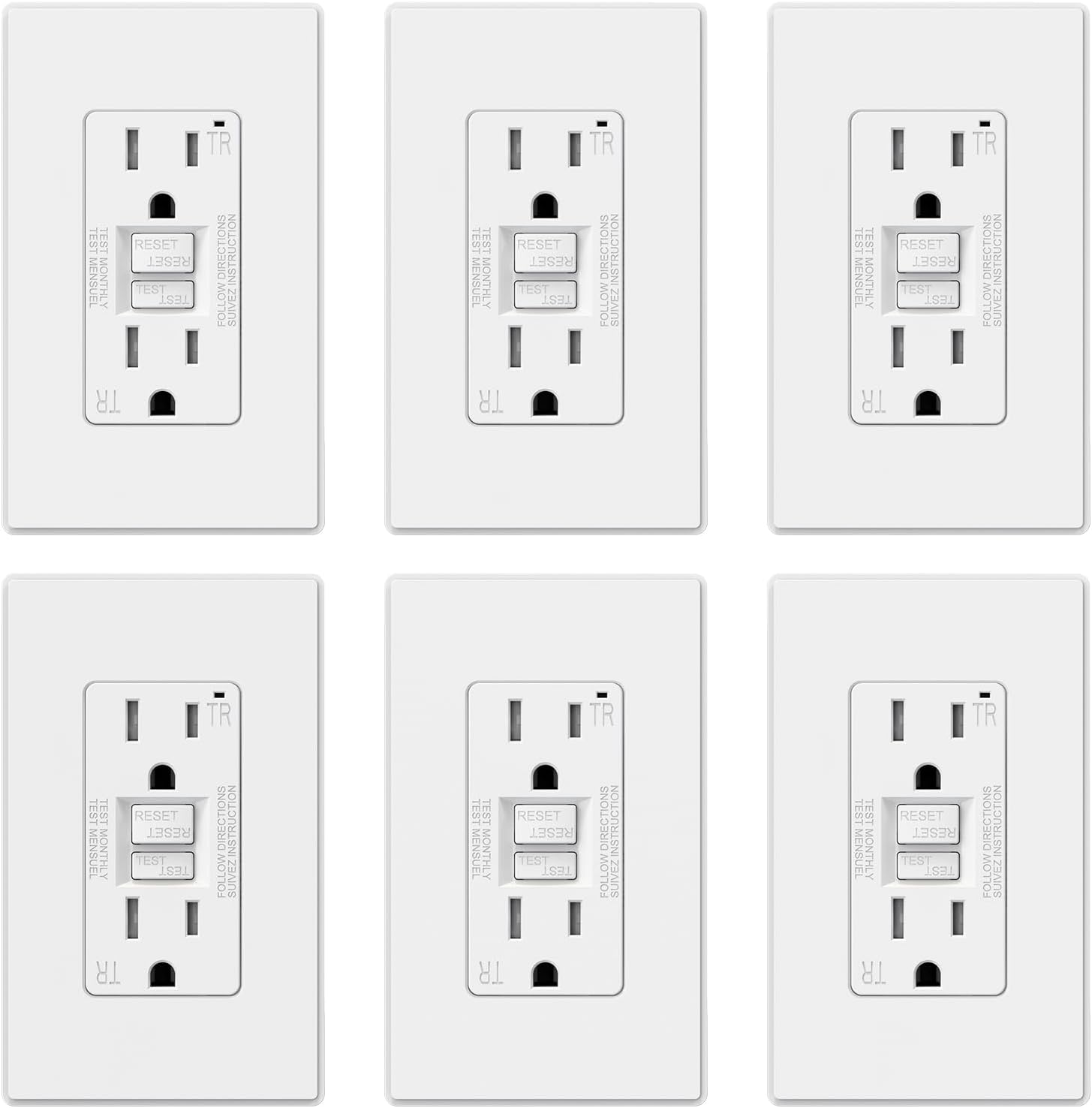 ELEGRP GFCI Outlet 15 Amp, Self-Test GFI Electrical Outlet with Thinner Design, TR Tamper Resistant GFCI Receptacle, Ground Fault Circuit Interrupters with Wall Plate, UL Listed, Matte White, 6 Pack