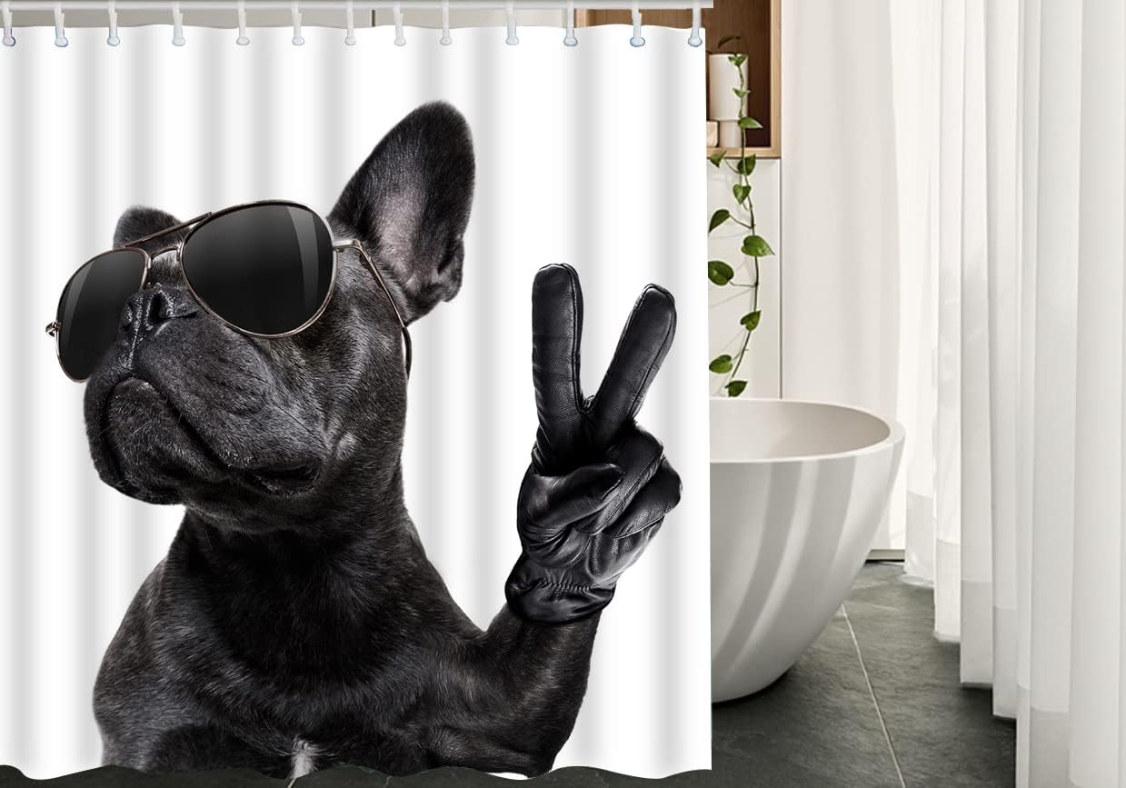 French Bulldog Shower Curtain Cool Trendy Posing with Sunglasses Victory Fingers 100% Polyester Bathroom Decor Set with 12 Hooks Rust - Proof Metal Buttonhole (60×72 Inch)