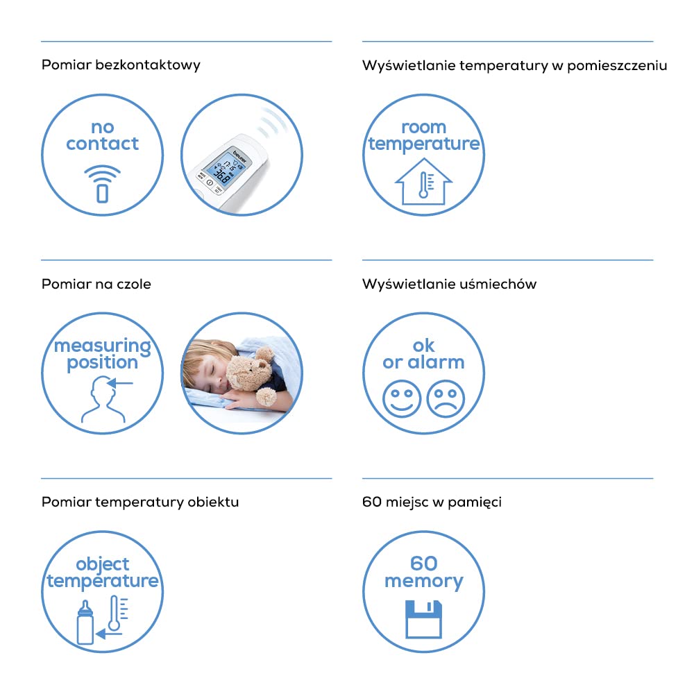 Beurer Bezdotykowy cyfrowy termometr na podczerwień FT 90/termometr dla niemowląt/ do łatwego pomiaru na czole dla dorosłych i dzieci/wyświetlacz cyfrowy/z baterią, 1 sztuka (1 szt.)