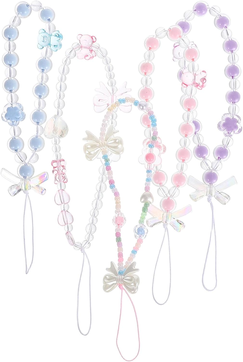 Kichvoe 5pcs Aesthetic Phone Charm Bow Knot Strap with Beads Acrylic Phone Lanyard Anti-drop Wrist Strap Versatile Accessory for Women Matching Outfits
