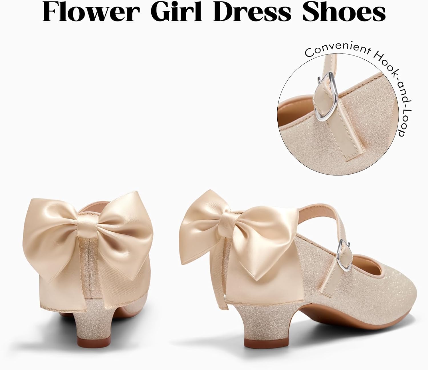 Coutgo Girls Dress Shoes Mary Jane Glitter Pumps Bow Heels Princess Shoes | Sparkle, Hook-and-Loop, Back Satin Bow, Flower Girl Shoes, Comfortable, Wedding, Party, High Heels