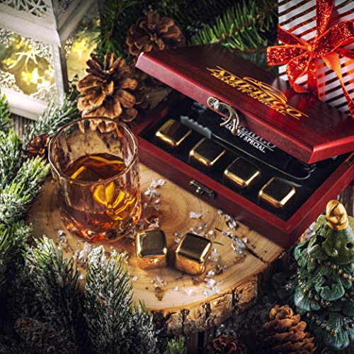 Amerigo Gold Stainless Steel Whiskey Stones Gift Set in Beautiful Wooden Box - Reusable Ice Cubes for Drinks - Bar Accessories - Whiskey Rocks - Whisky Gifts for Men - Chilling Stones + Ice Tongs - Thumbnail 4