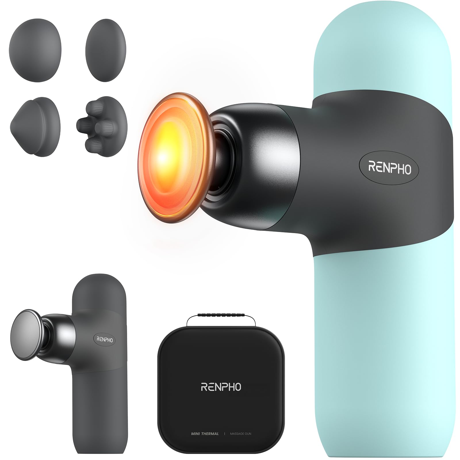RENPHO Mini Thermal Massage Gun with Heat, Valentines Birthday Gifts for Women Men, Portable Deep Tissue Percussion Massager, Color Silicone Sleeves Travel Size with Carry Case, Mint