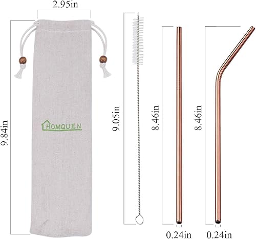 Miniatura 2 de 18 popotes de cobre de acero inoxidable, 8.5 pulgadas, reutilizables, color oro rosa, con bolsa portátil (8 rectos, 8 doblados, 2 cepillos)