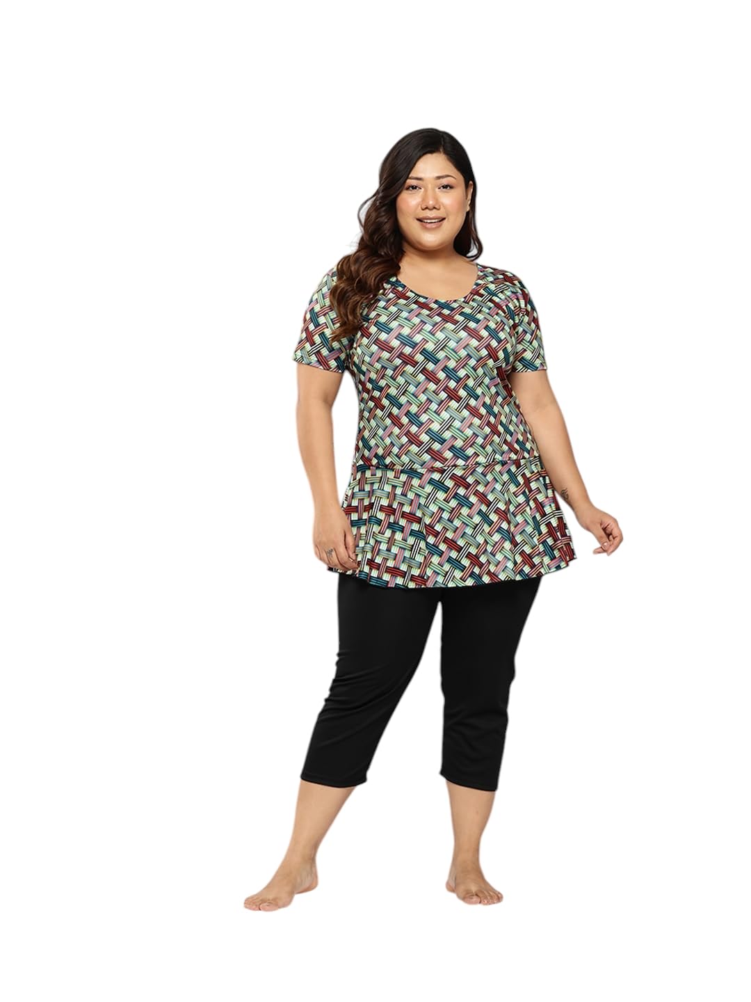 Aarika Womens Sports Wear Sea Green-Black Colour Check Print Nylon Plus Size Swim Suit-(XS-4XL)-(SW-W-P-SHM-C-1116-LIGHT-GREEN-46)